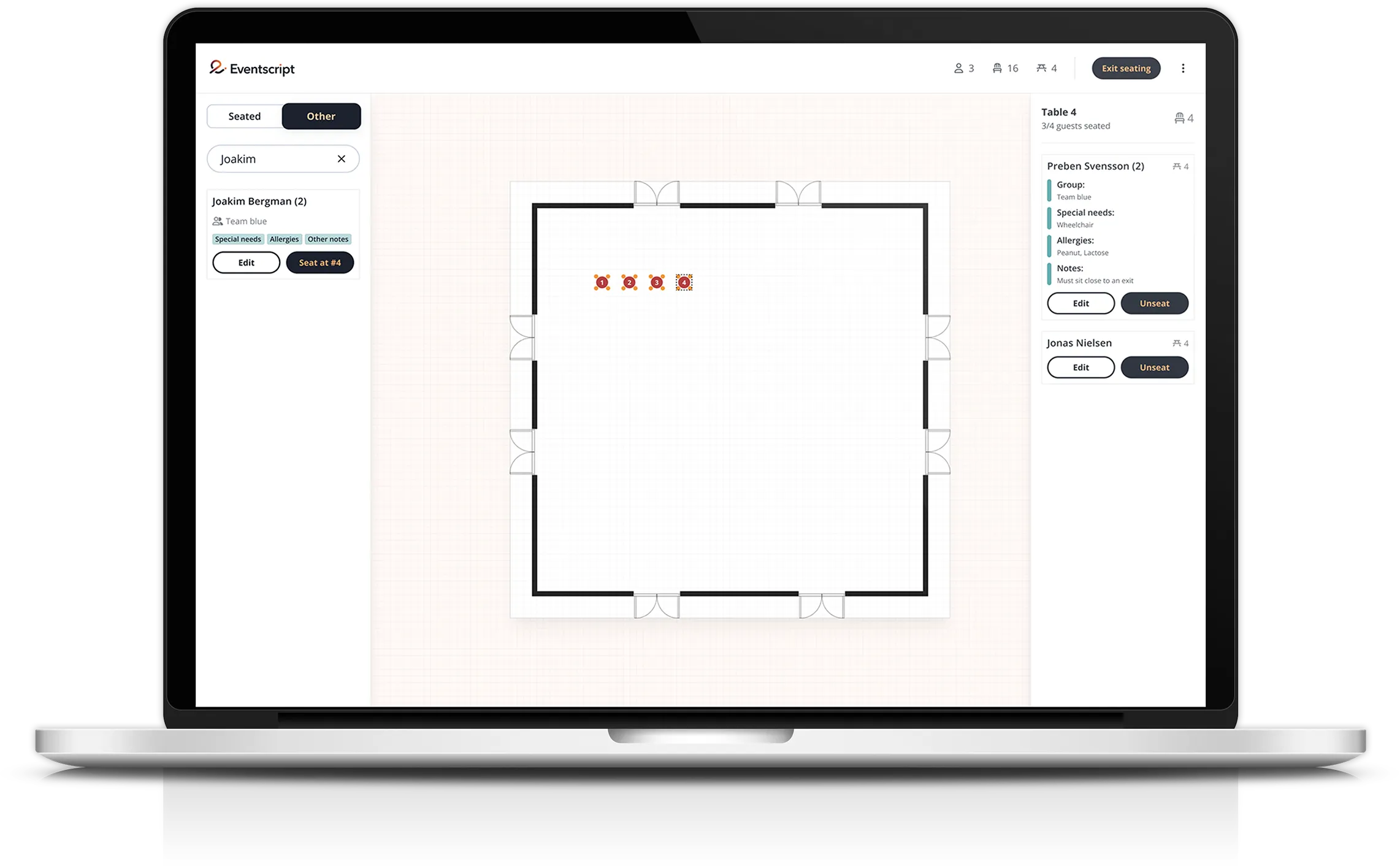 Mockup showing the guest seating tool inside the event management system.