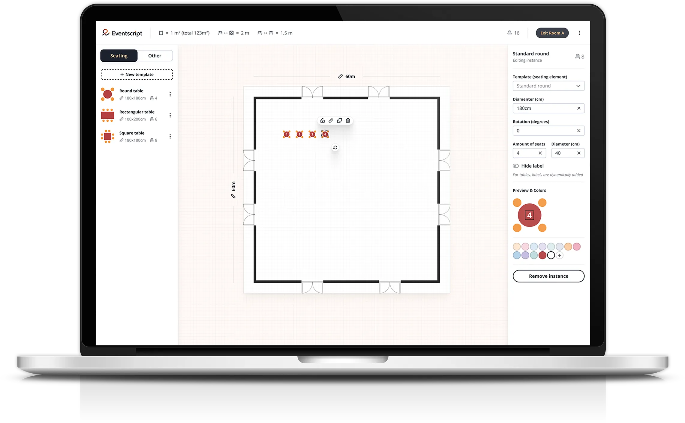 Mockup showing the room setup designer tool inside the event management platform.