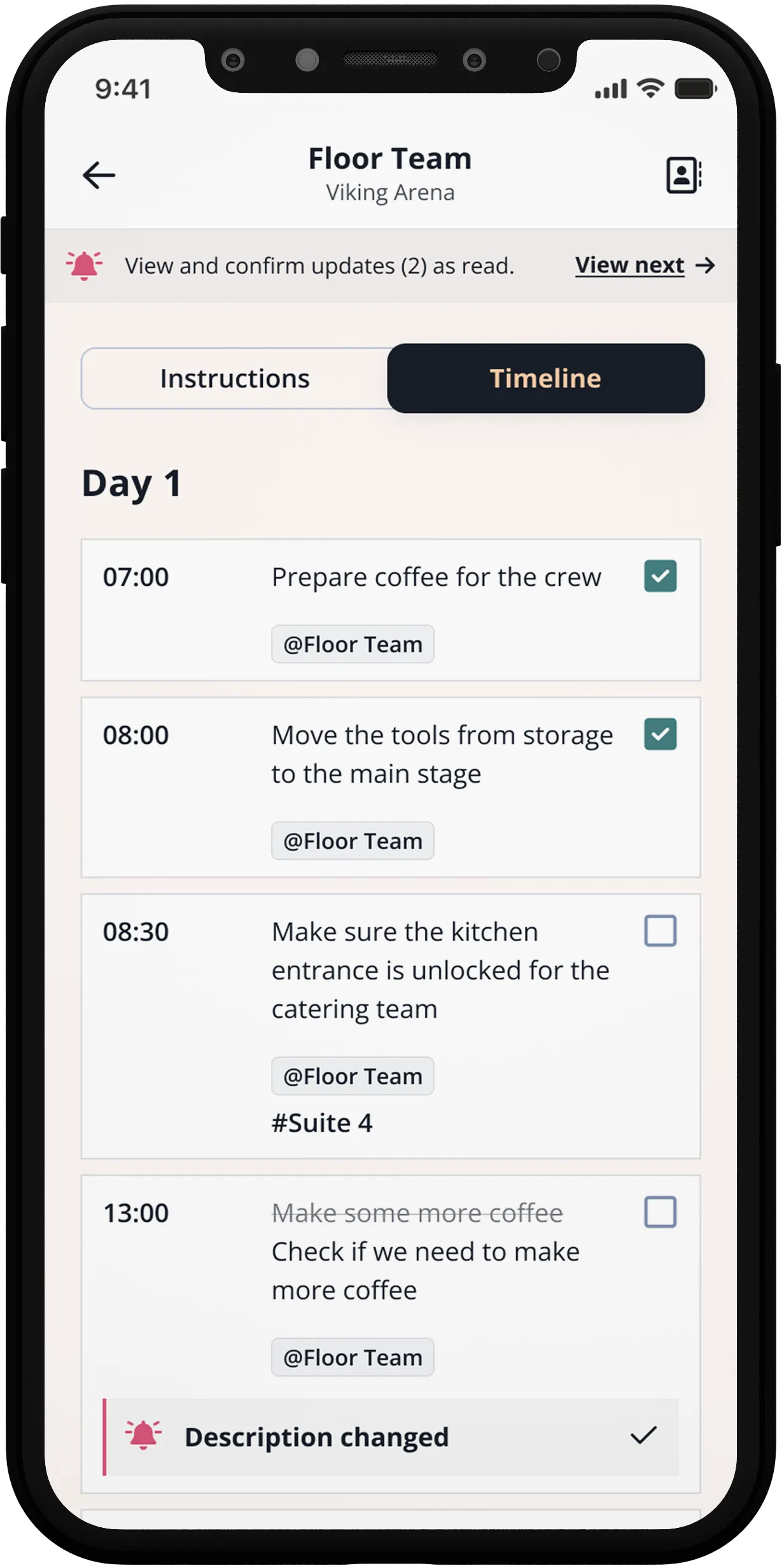Mockup showing a live event script of the event management software.